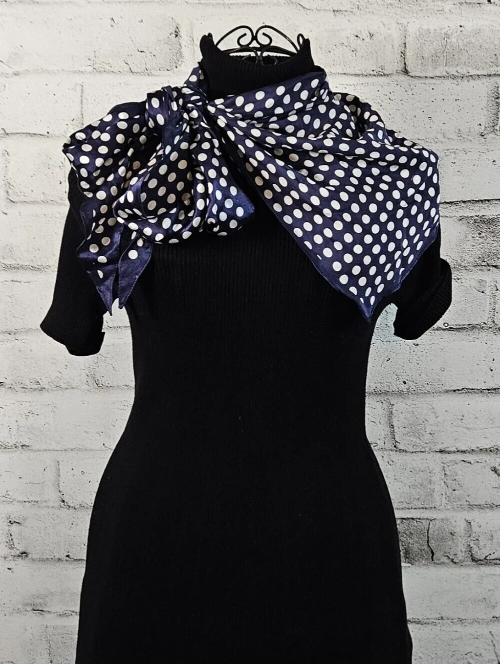 Vintage Navy Polka Dot Square Scarf Retro Pinup Neck Hair Scarf